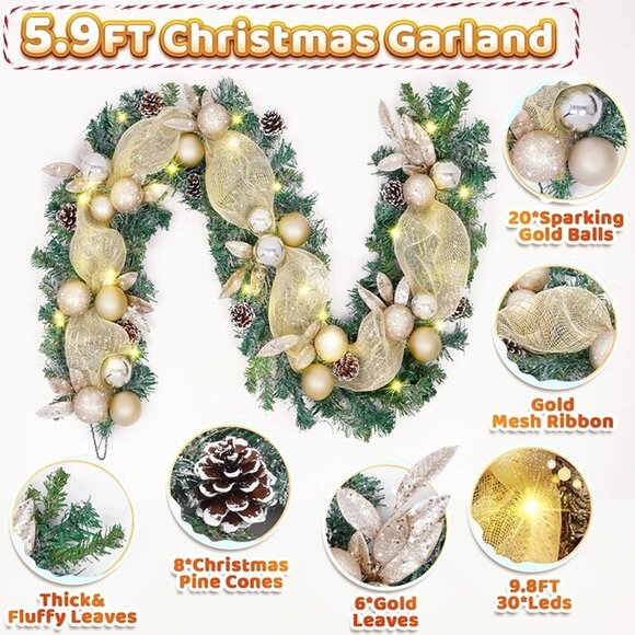 NEW 5.9FT Christmas Garland Decorations,Luxury Christmas Gold Garland for Mantle - Picture 5 of 9